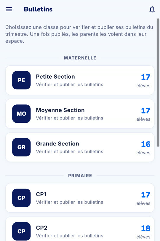 Bulletins par classe à vérifier et publier