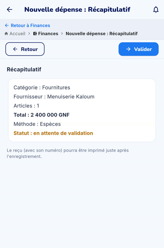 Dépense en attente de validation du fondateur